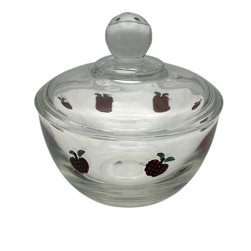 Vintage Anchor Hocking Covered Sugar Bowl Jam Jelly Jar Red Apple Designs Used